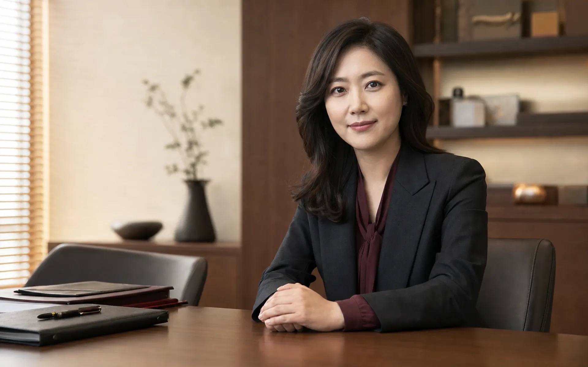 짙은 색 정장을 입고 창가에 서 있는 가상 인물 한결윤 변호사