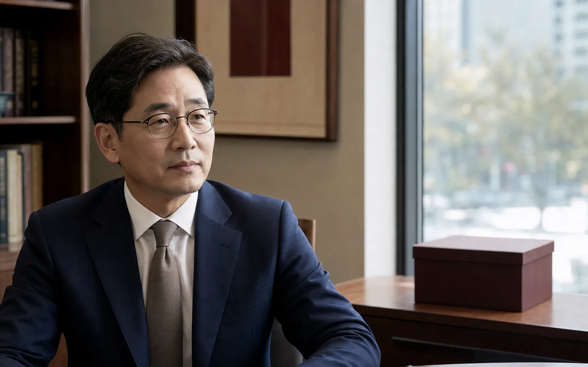 책상이 있는 사무실에 앉아 있는 가상 인물 서문진 변호사