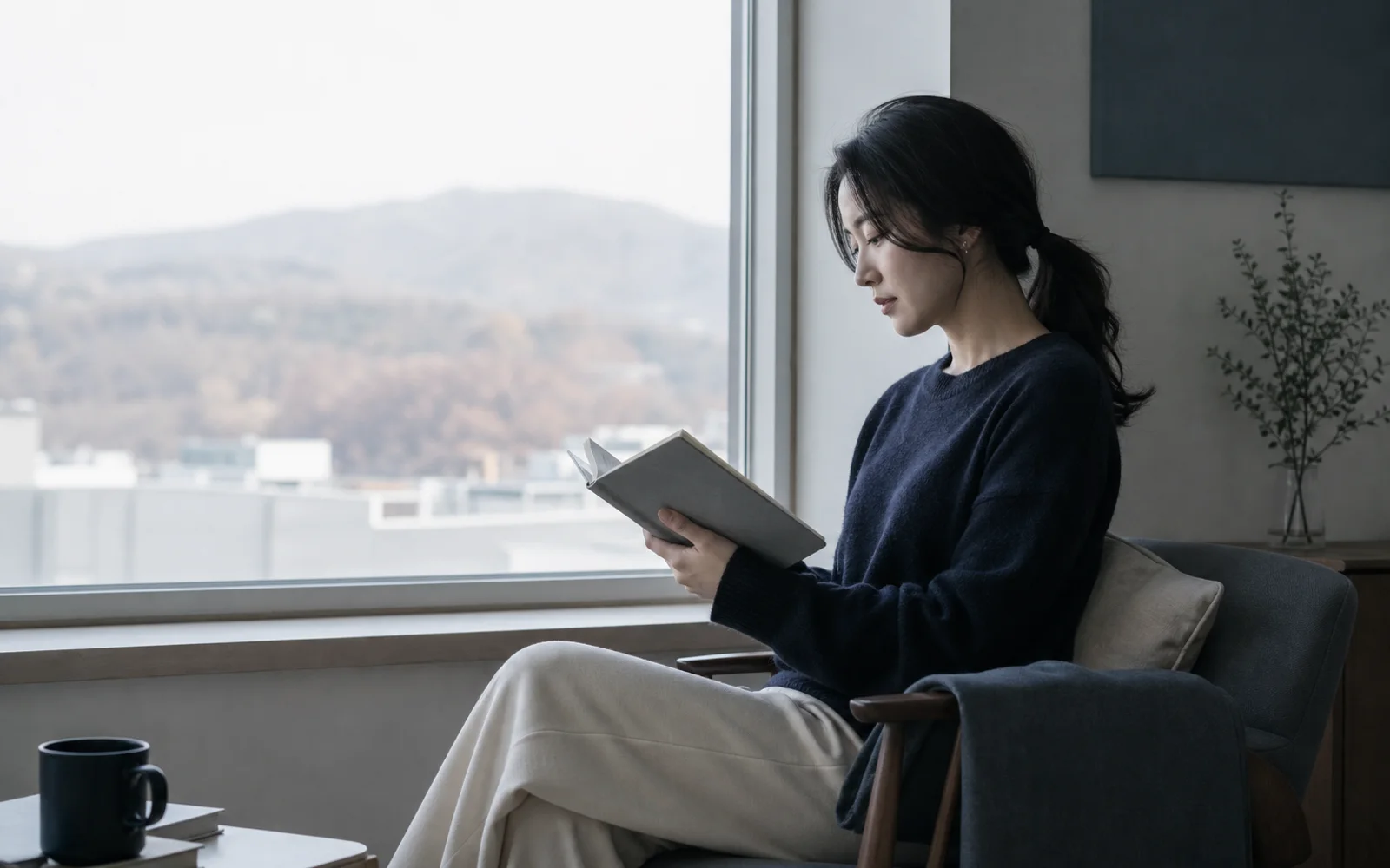 창가에서 조용히 책을 읽는 사람